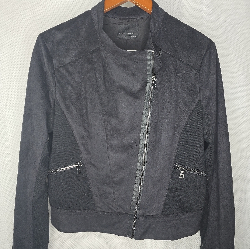 Elie Tahari Moto Jacket Black Faux Suede Mixed Media Edgy Metal Bikercore L